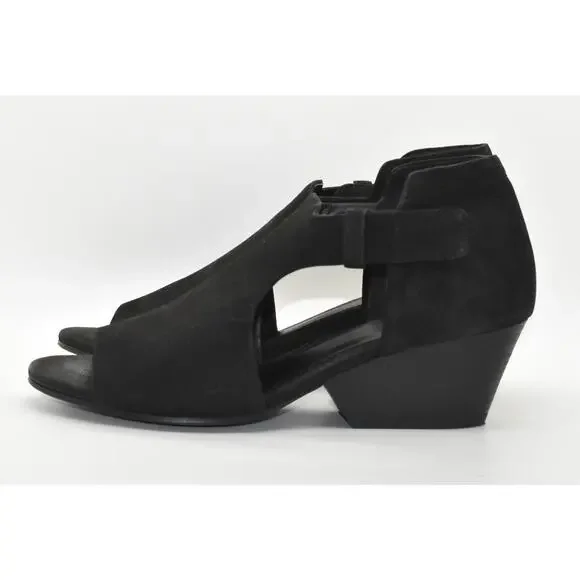 A7 Auth EILEEN FISHER Iris Black Nubuck Cutout Peep Toe Block Heels Sandals Sz 9 - Picture 3 of 7